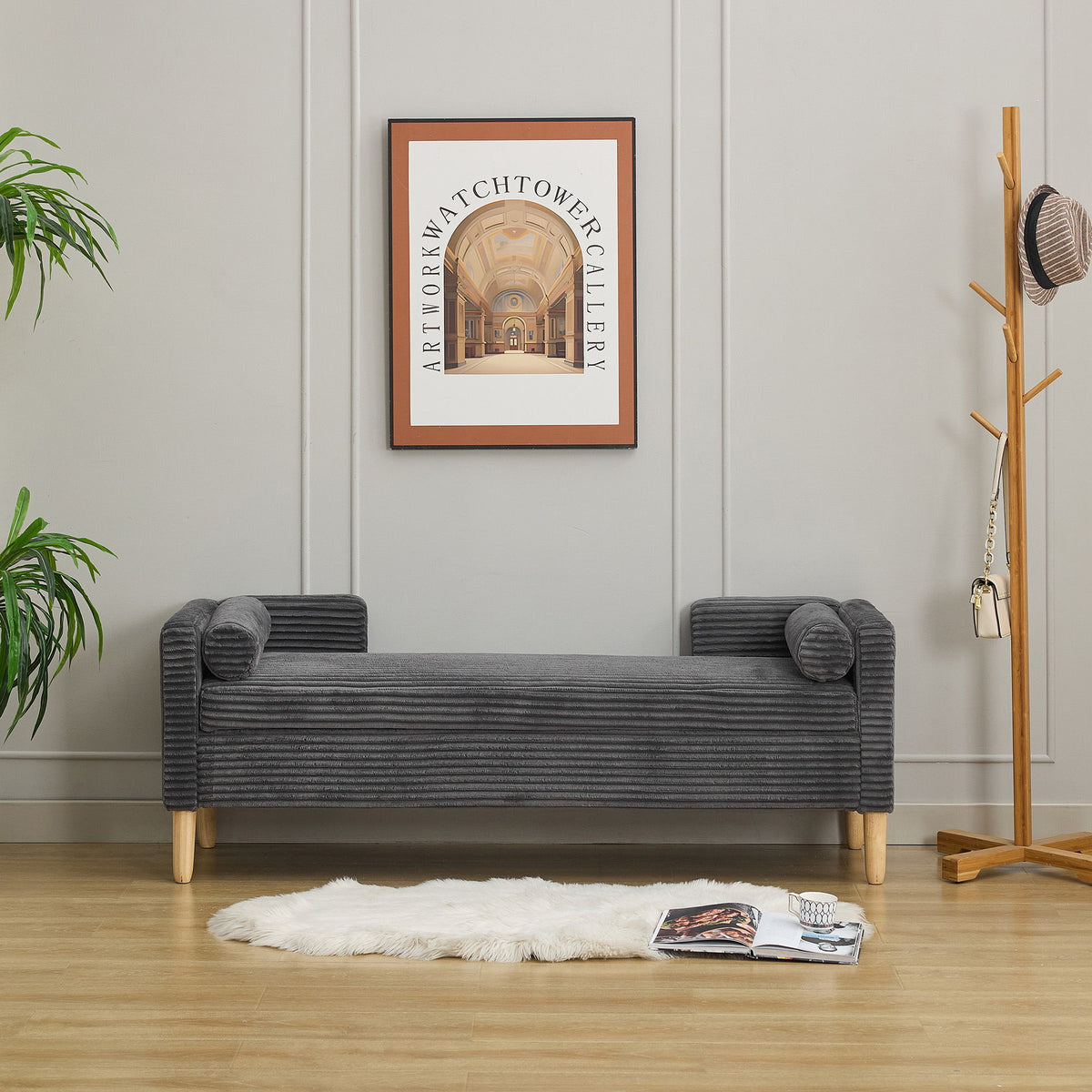 Upholstered Flip Top Storage Bench, Armrests & Backrest For Bedroom - Charcoal