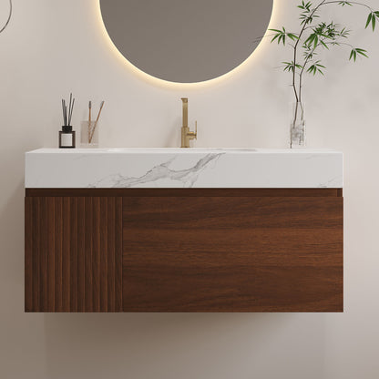 Floating Bathroom Vanity & Basin 1 Soft Close Drawer + 1 Cabinet, Wall Mounted - Walnut / White