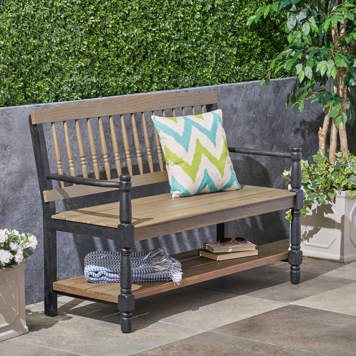 Slatted Bench With Built In Shelf