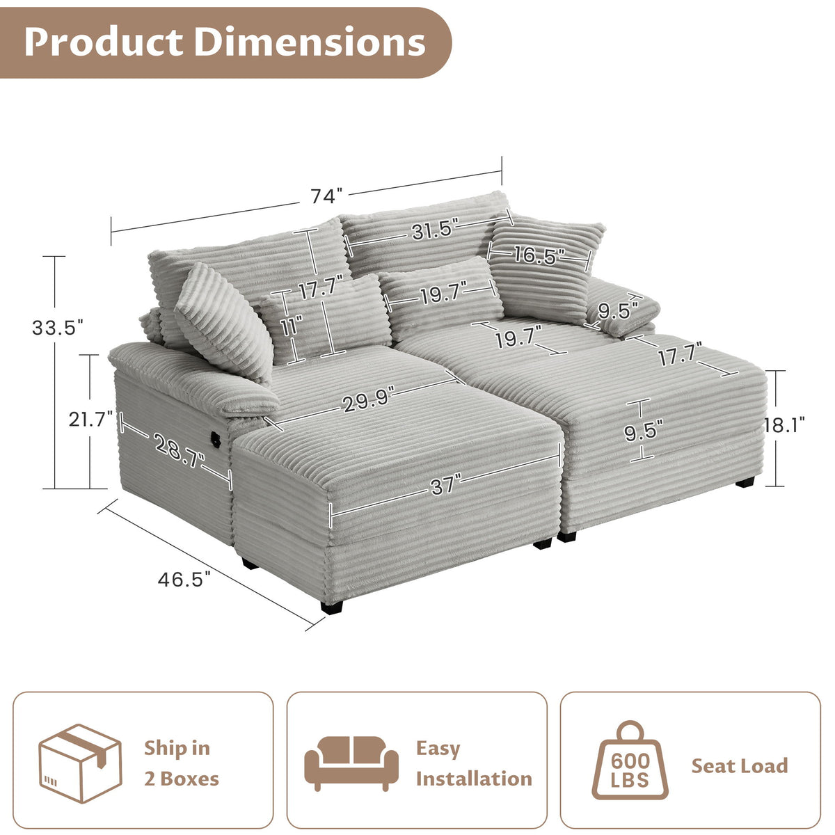 Double Chaise Lounge Set With Reversible Storage Ottomans, USB Port