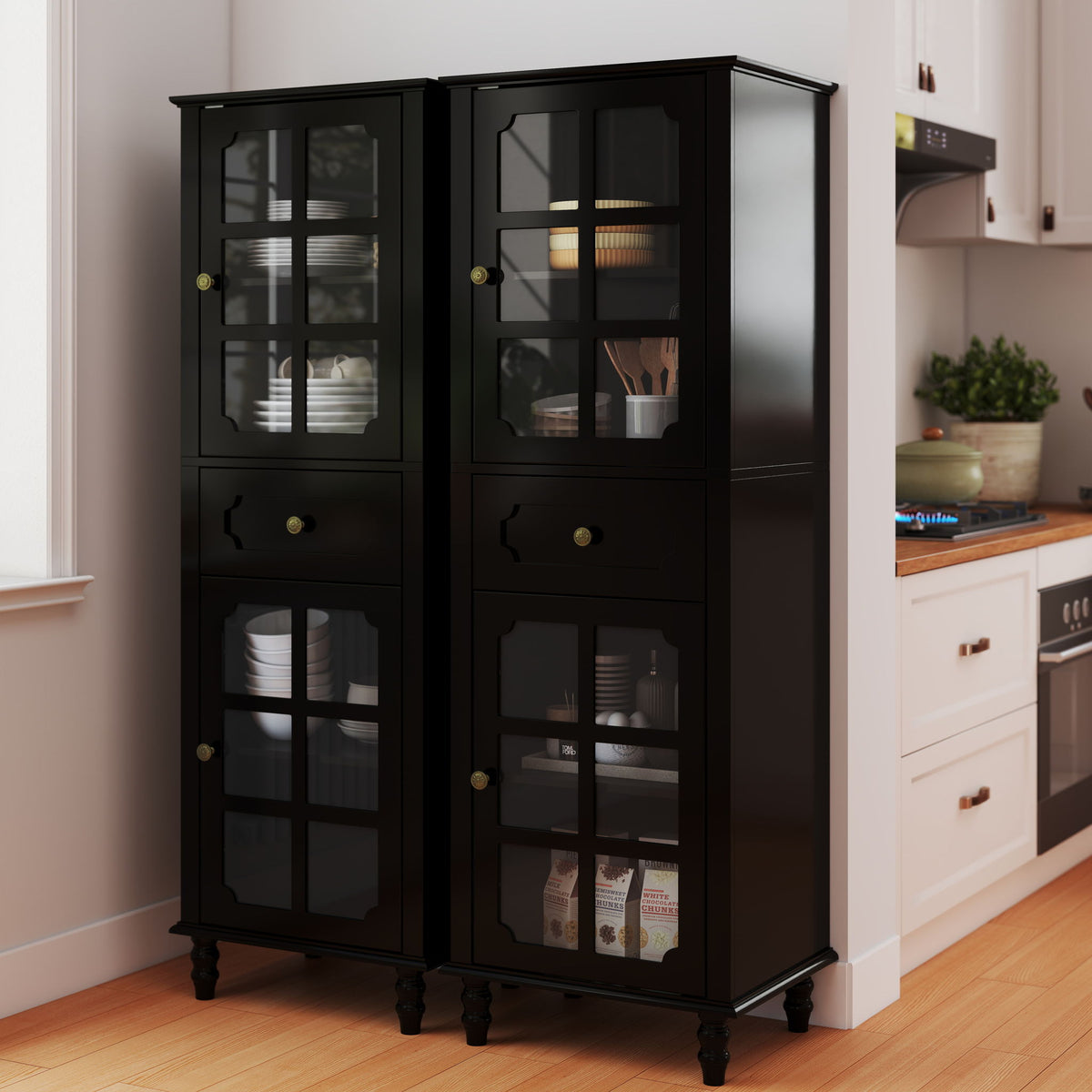 Storage Cabinet, Freestanding Curio Cabinet With Grid Doors & Drawer, Pantry Display Cabinet For Kitchen