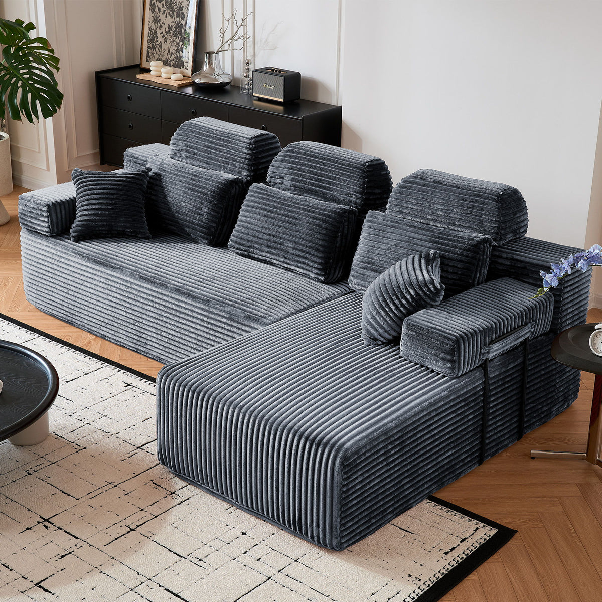 Sectional Sleeper Sofa & Storage Pockets, Modular Couch With Throw Pillows For Living Room