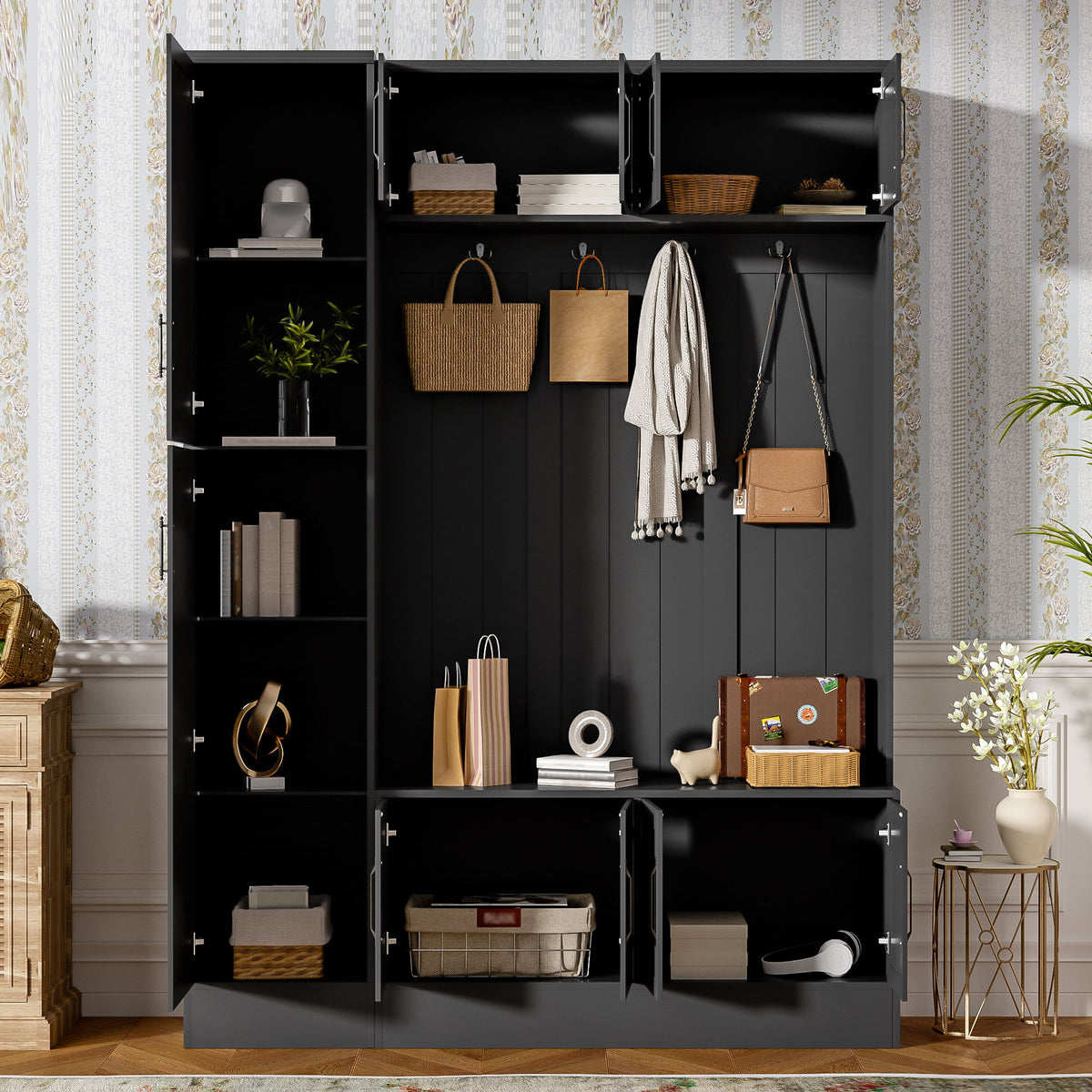 Tall Hall Tree With Shoe Storage, 4 In 1 Entryway Bench With 6 Cabinets, 4 Coat Hooks & Adjustable Shelf For Hallway - Black