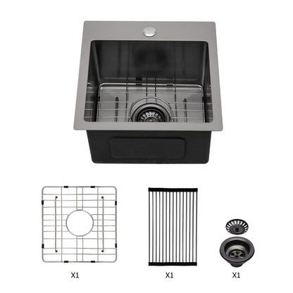 Topmount 16G Stainless Steel Kitchen Sink Deep Single Bowl - Gunmetal Black