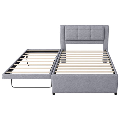 Upholstery Platform Bed With Trundle, Trundle Can Be Flat Or Erected