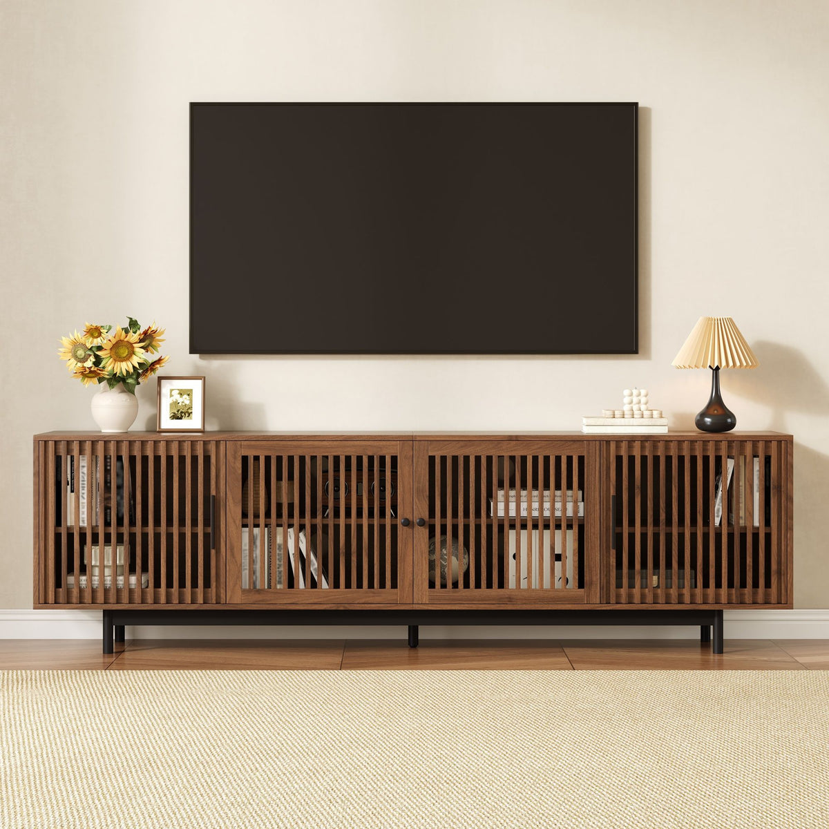 TV Stand For TVs, Entertainment Center With Closed Storage & Cable Management, Soft Closing Hinges - Walnut