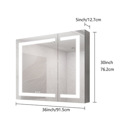 36" X 30" Medicine Cabinet With LED Vanity Mirror, Anti-Fog Recessed Or Surface Mount Bathroom Double Door Large Storage 3000K~6000K Bright Lighted Aluminum Storage Cabinet With Touch Switch - Silver