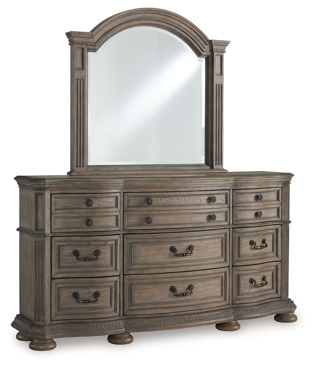 Ardenfield - 3 Pc. - Dresser, Mirror, King Upholstered Sleigh Bed - Light Brown