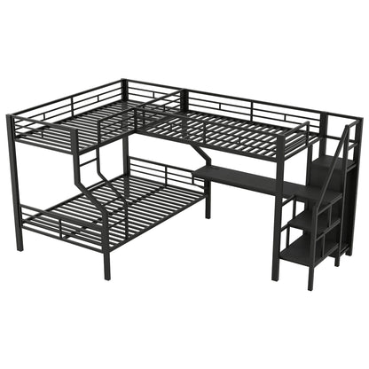 Twin Over Full L Shaped Bunk & Loft Bed With Built-In Wardrobe, Desk, And USB Ports - Black