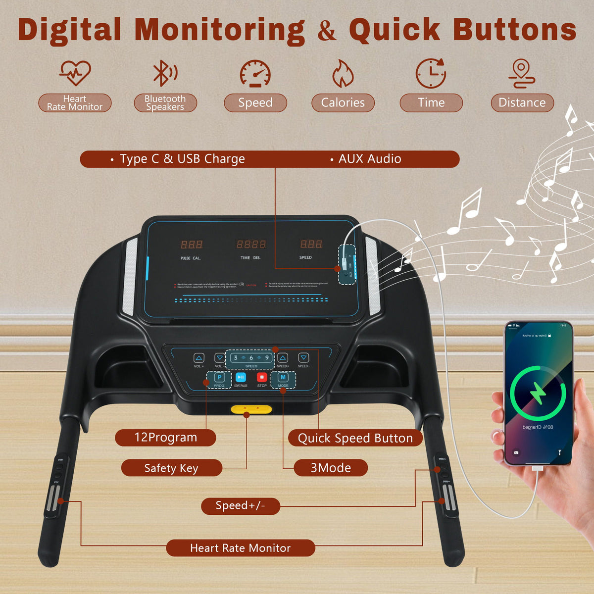 3.5Hp Hydraulic System Auto Foldable Treadmill With Incline, Heart Rate Sensors, Type C & USB Charge, Bluetooth Speaker - Black