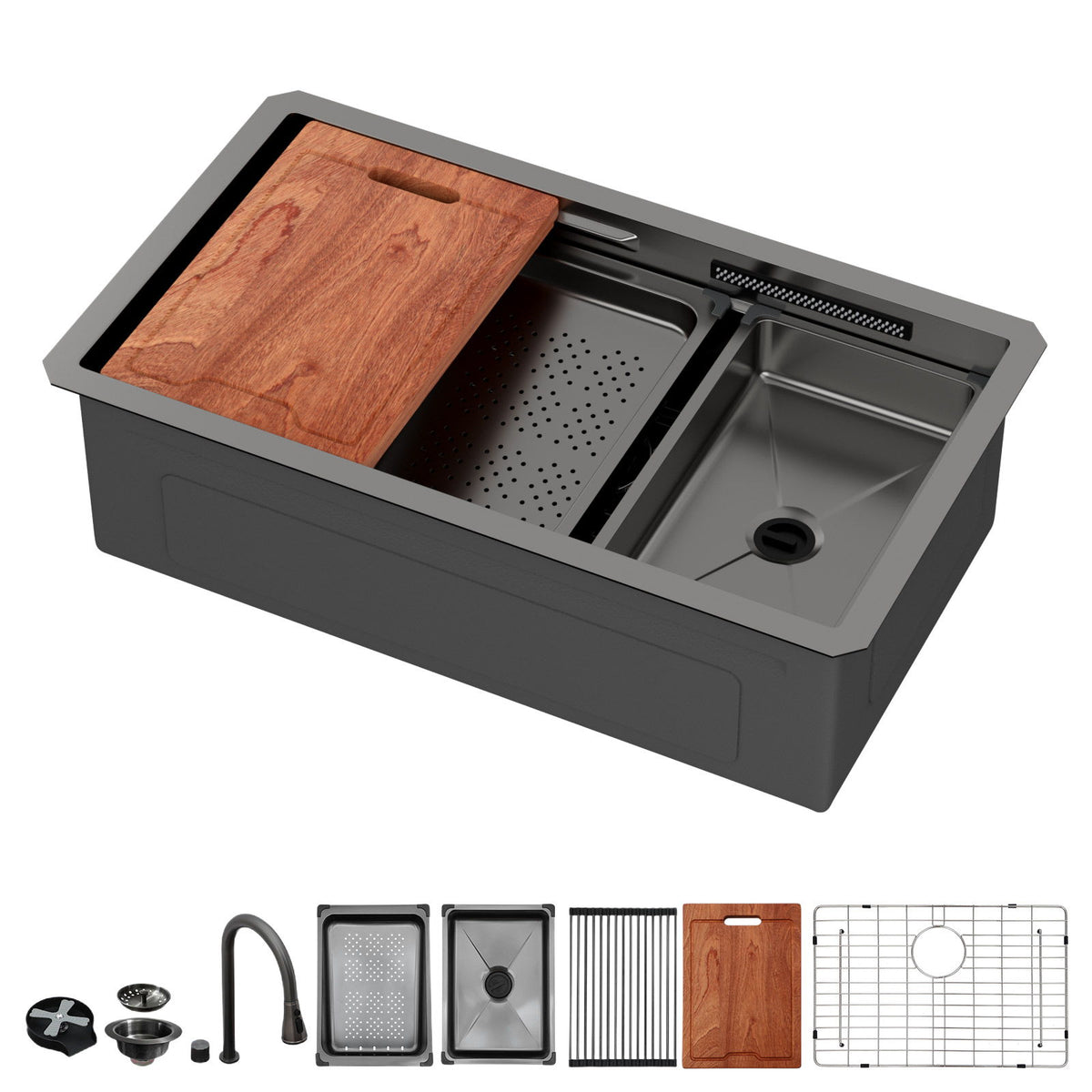 Undermount Stainless Steel Kitchen Sink With Pull Down Faucet & Ledge Workstation