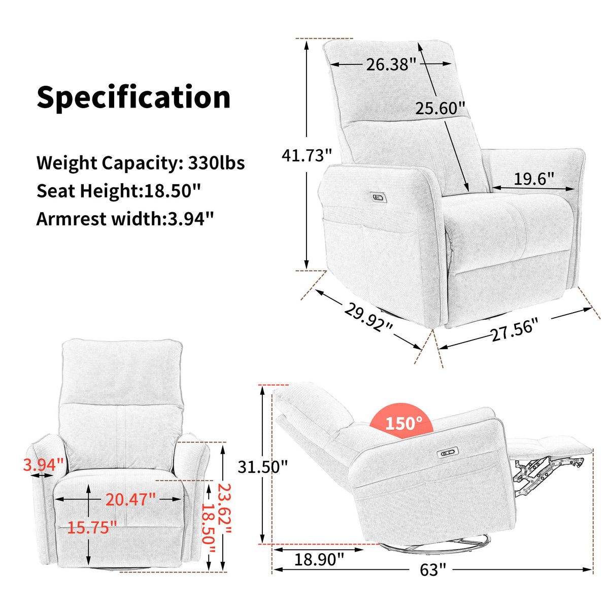29.92" 270 Power Swivel Rocker Recliner Chair, Electric Glider Reclining Sofa With USB Ports, Power Swivel Glider, Rocking Chair Nursery Recliners For Living Room Bedroom