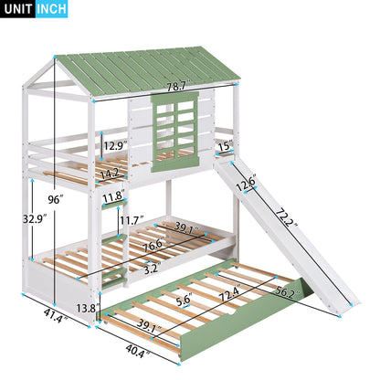 Twin Over Twin House Bunk Bed With Convertible Slide And Trundle - White