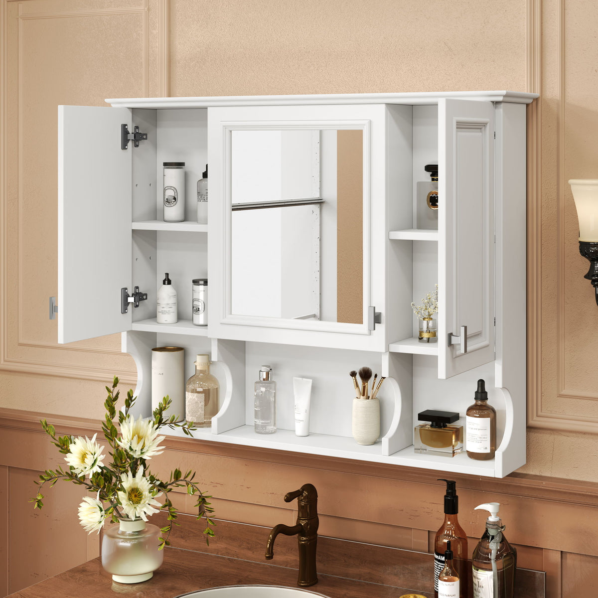 Wall Mounted Bathroom Medicine Wall Cabinet With Mirror & Open Shelves