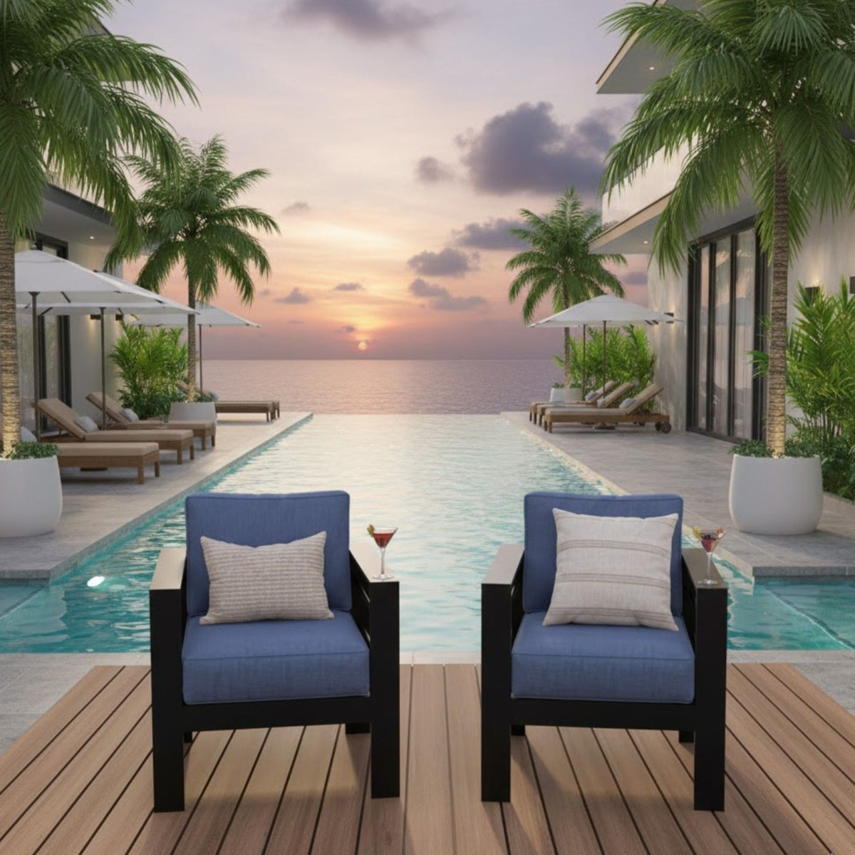 Modern All-Weather Patio Armchairs With Thick Cushions (Set of 2)
