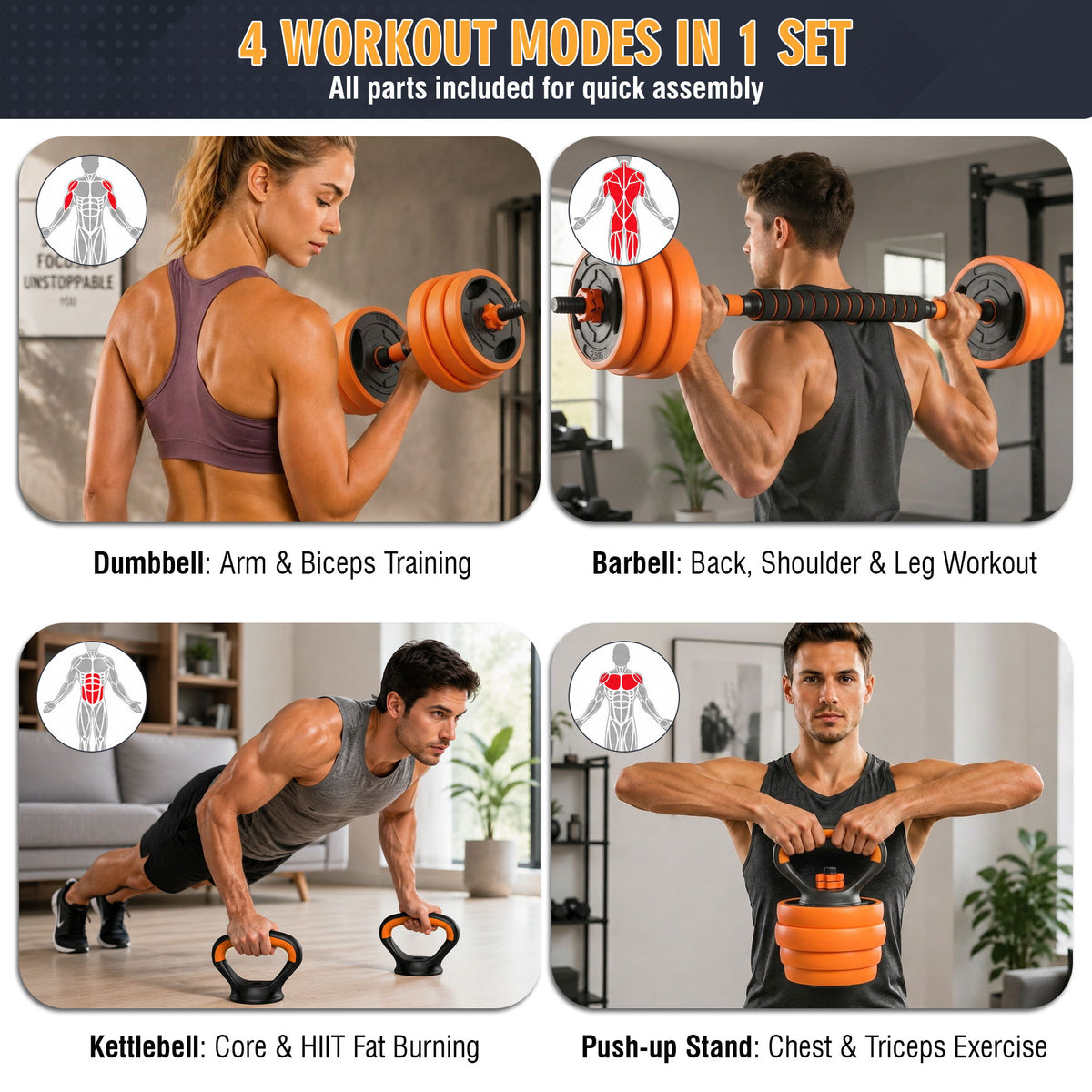 Adjustable Dumbbell Set, 4 In 1 Convertible Weights