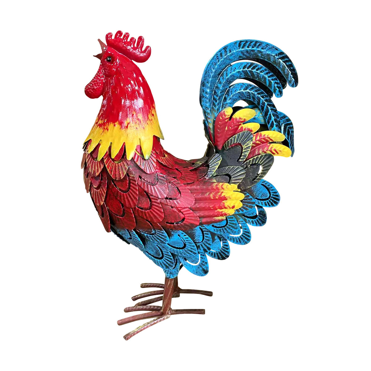 Wrought Rooster Garden Statue, Rooster Sculpture - Blue / Red / Brown
