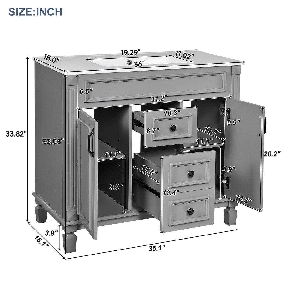 Bathroom Vanity With Top Sink, Cabinet With 2 Soft Closing Doors And Drawers