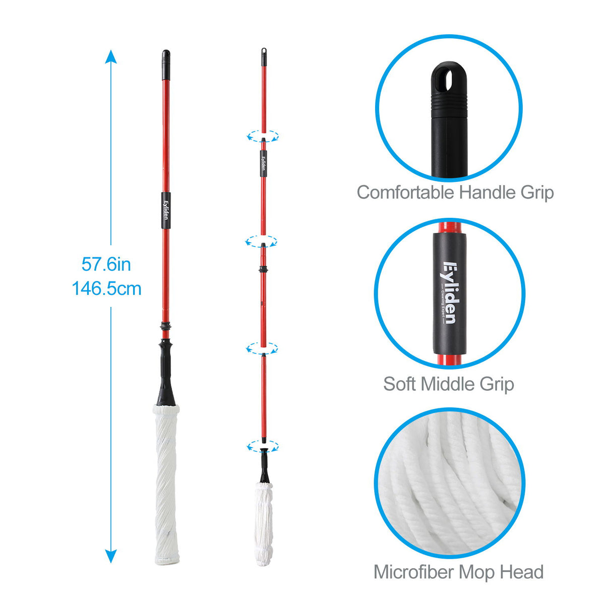 Ultra Fine Fiber Twist Mop With 57.5 Inch Long Handle For Dry And Wet Floor Cleaning - Red