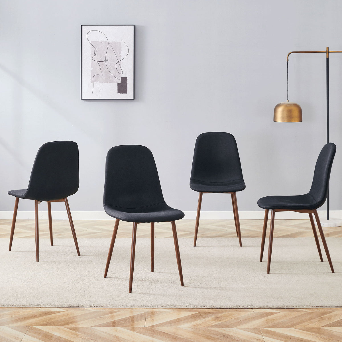 Luxury Simple Chair (Set of 4) Linen Cotton High Resilience Dining Chair With Metal Color Leg - Black / Walnut