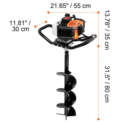 Vevor Gas Post Hole Digger 52Cc 1450W With 8 Drill Bits & Extension Rod Aluminium Alloy - Black