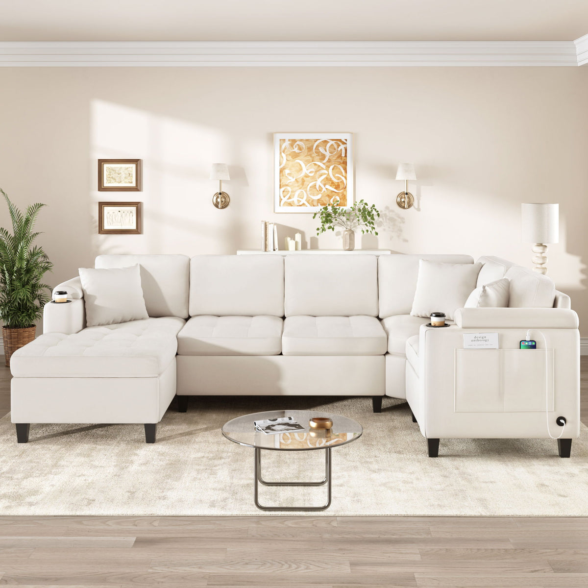 U Shaped Sectional Sofa, Corner Living Room Couch With Built In Cup Holders, Storage, USB Ports