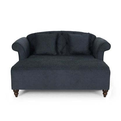 Upholstered Chaise Lounge & Scroll Arms, Turned Legs And 2 Pillows - Charcoal