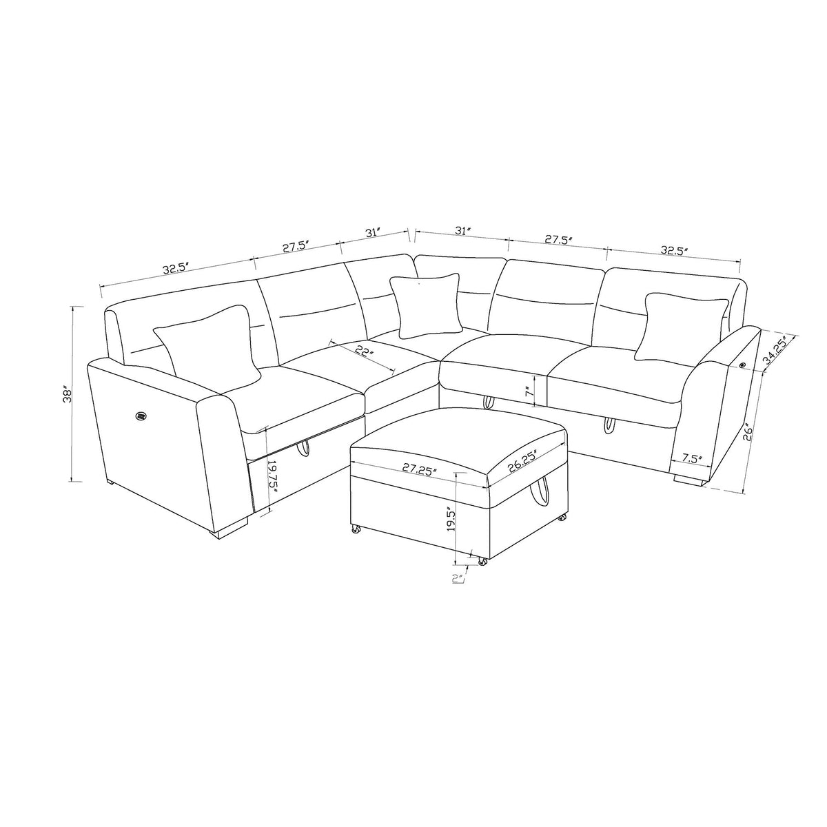 Emiliano - Sectional Sofa With 3 Pillows And Storage Ottoman - Nickel