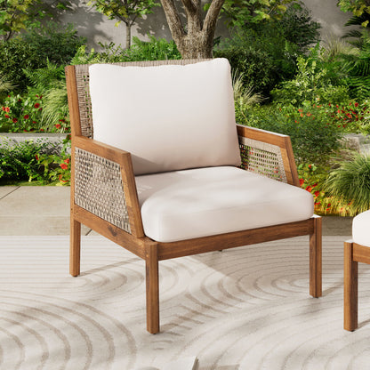 Acacia Wood Patio Furniture Club Chair, Outdoor Wicker Armchair, Deep Seating With Soft Cushions For Porch - Teak / Mix Brown