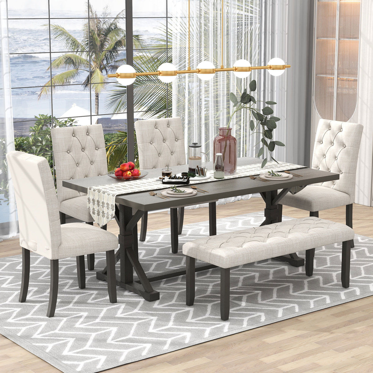 6 Piece Dining Table Set With Rectangular Wood Table, 4 Upholstered Chairs, Bench