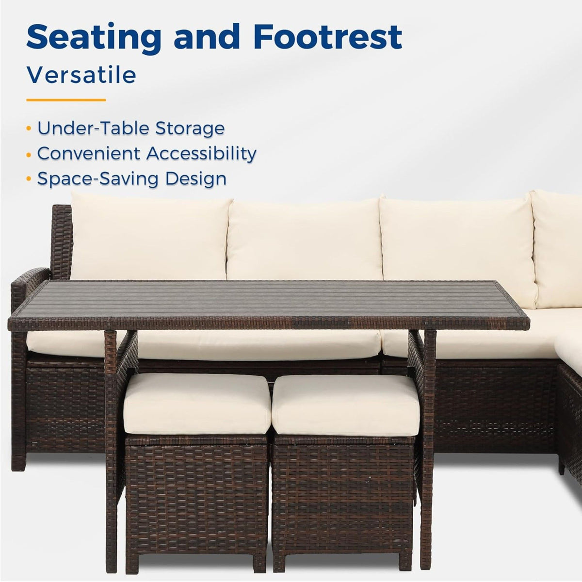 7 Piece Patio Dining Set With Cushions, Modular Sectional Sofa & Storage Table