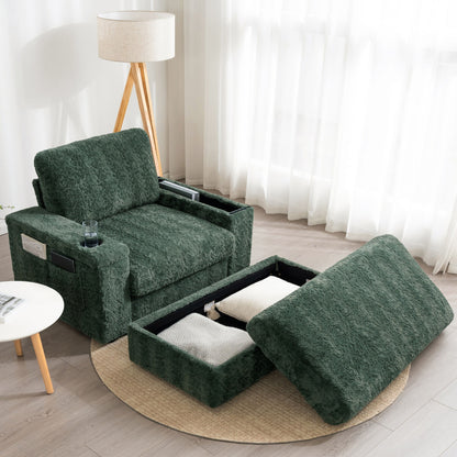 Oversized Chaise Lounge Indoor Rabbit Fur Sofa Bed With Storage Ottoman And Armrests Cup Holders With Deep Seat