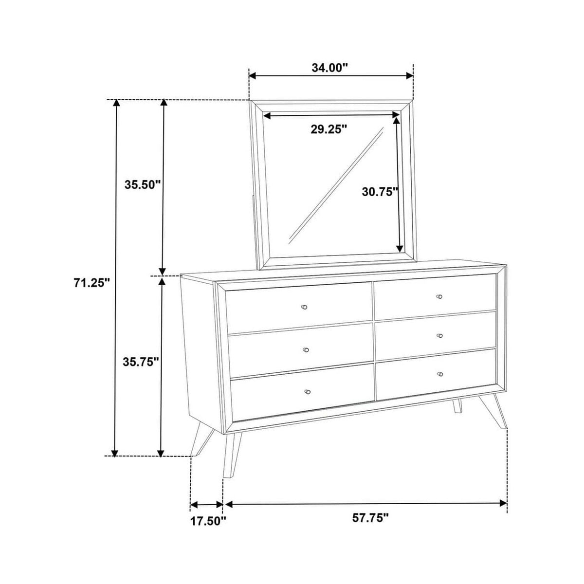 Dresser With Mirror, Angled Legs, Round Knobs - White