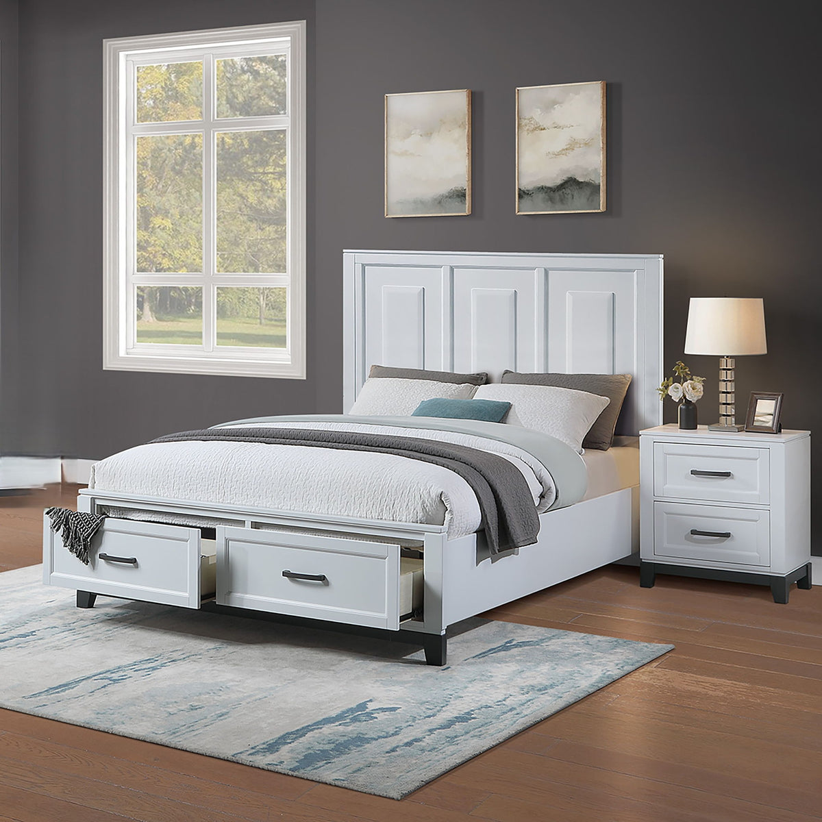 3 Piece Bedroom Furniture Panel Headboard White Queen Size Bed With Underbed Drawers Nightstands Wooden