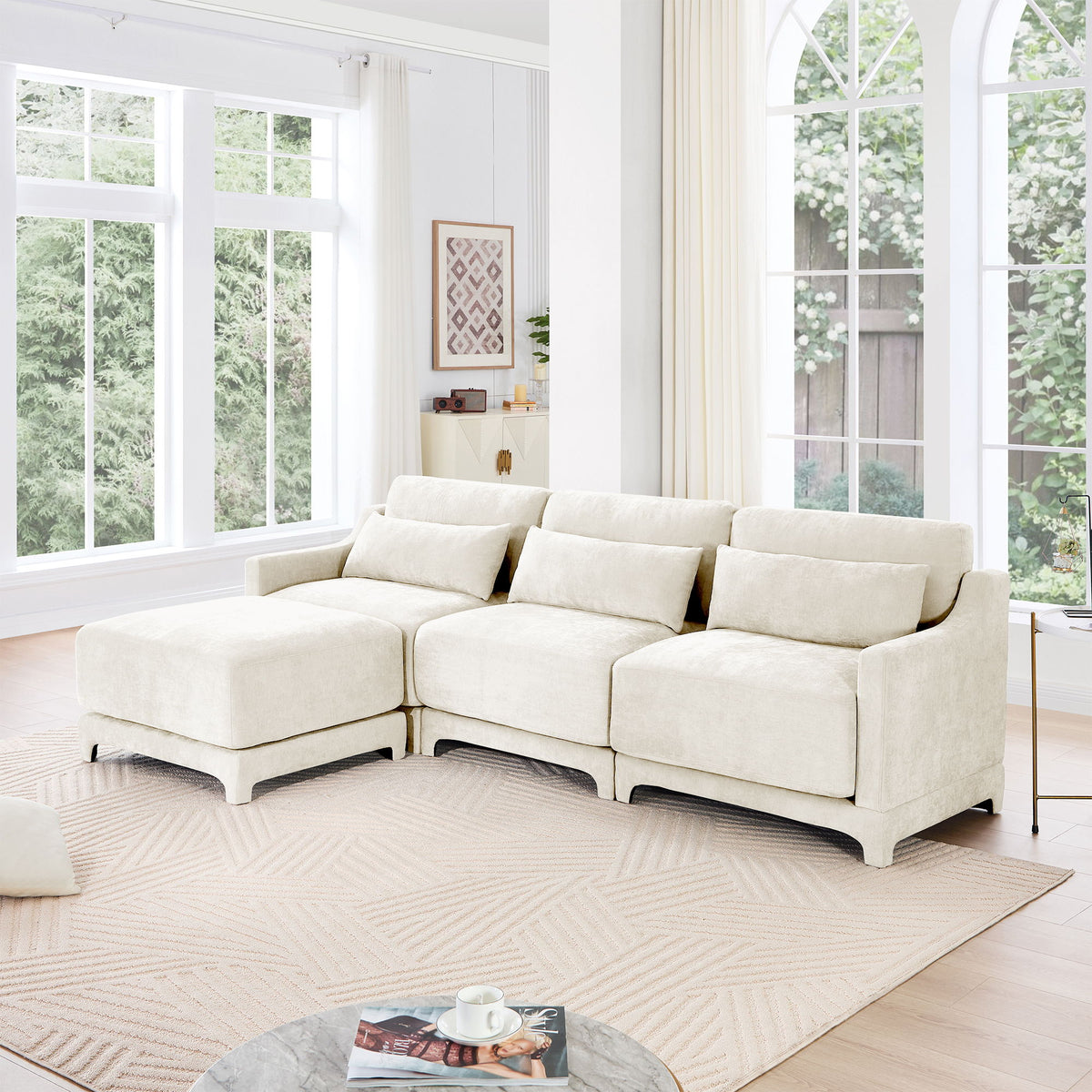 Stylish Sofa With Ottoman And Lumbar Pillows, Ergonomic Design