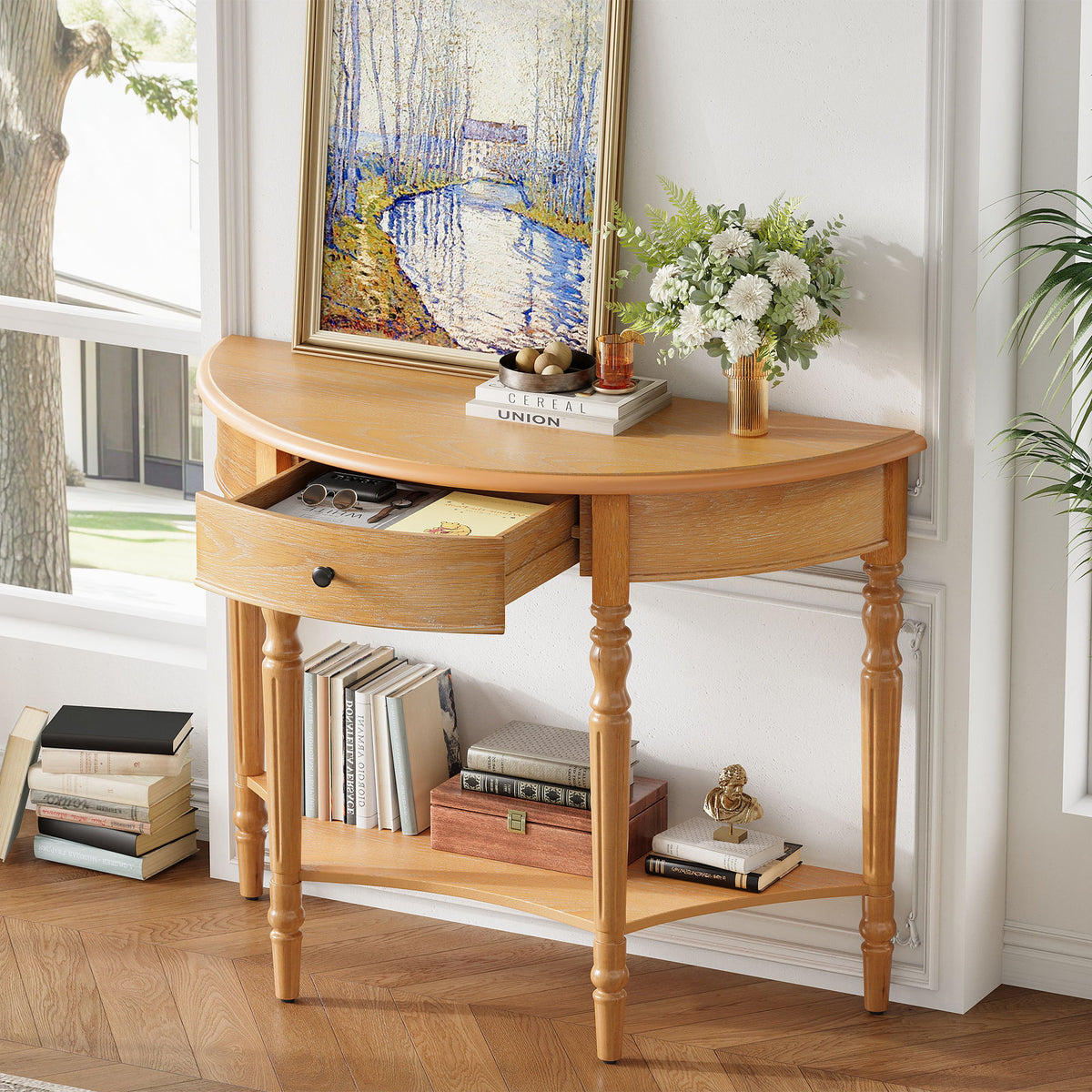 Half Moon Console Table With Drawer & Shelf