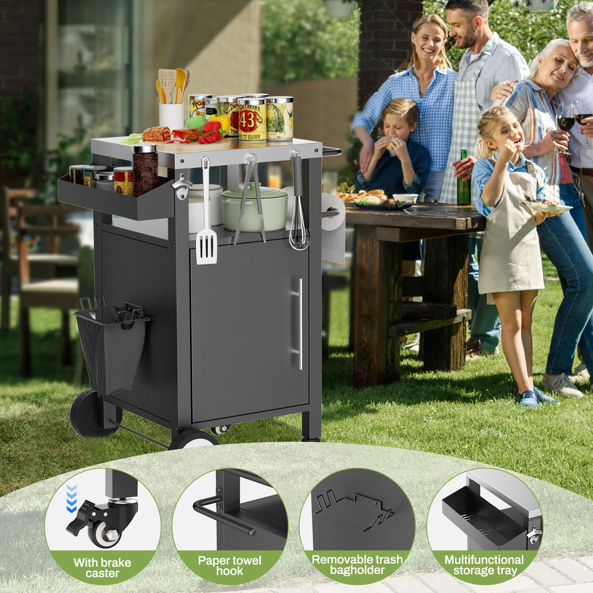 Outdoor Grill Cart With Storage, Rolling Bar Cart With Hooks And Spice Rack Stainless Steel
