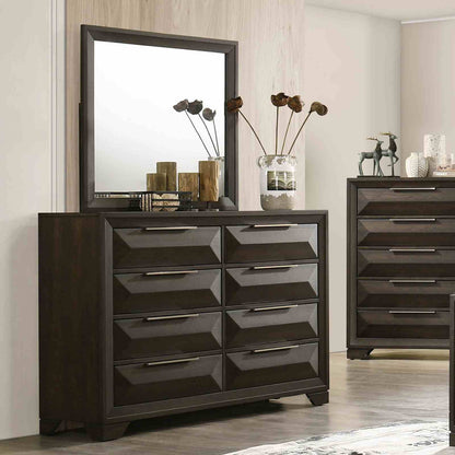Dresser With Mirror Beveled Bracket Feet Handles 8 Drawers - Espresso