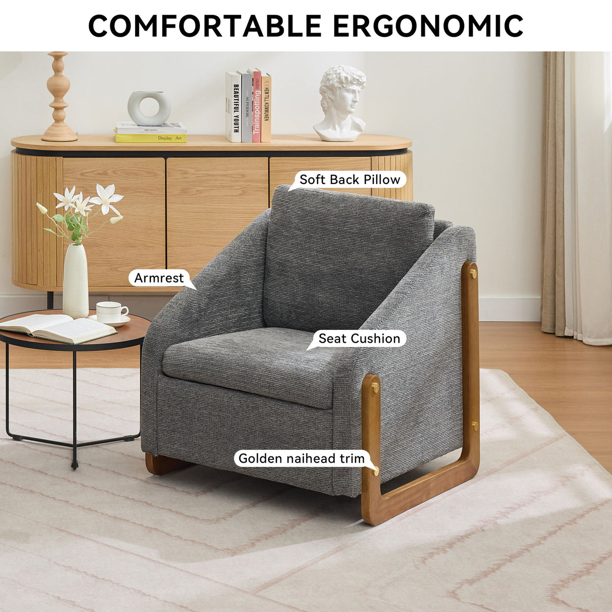 Modern Upholstered Armchair With Wooden Side Frame