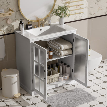 Modern Bathroom Vanity With Ceramic Sink, Tempered Blurred Glass Doors