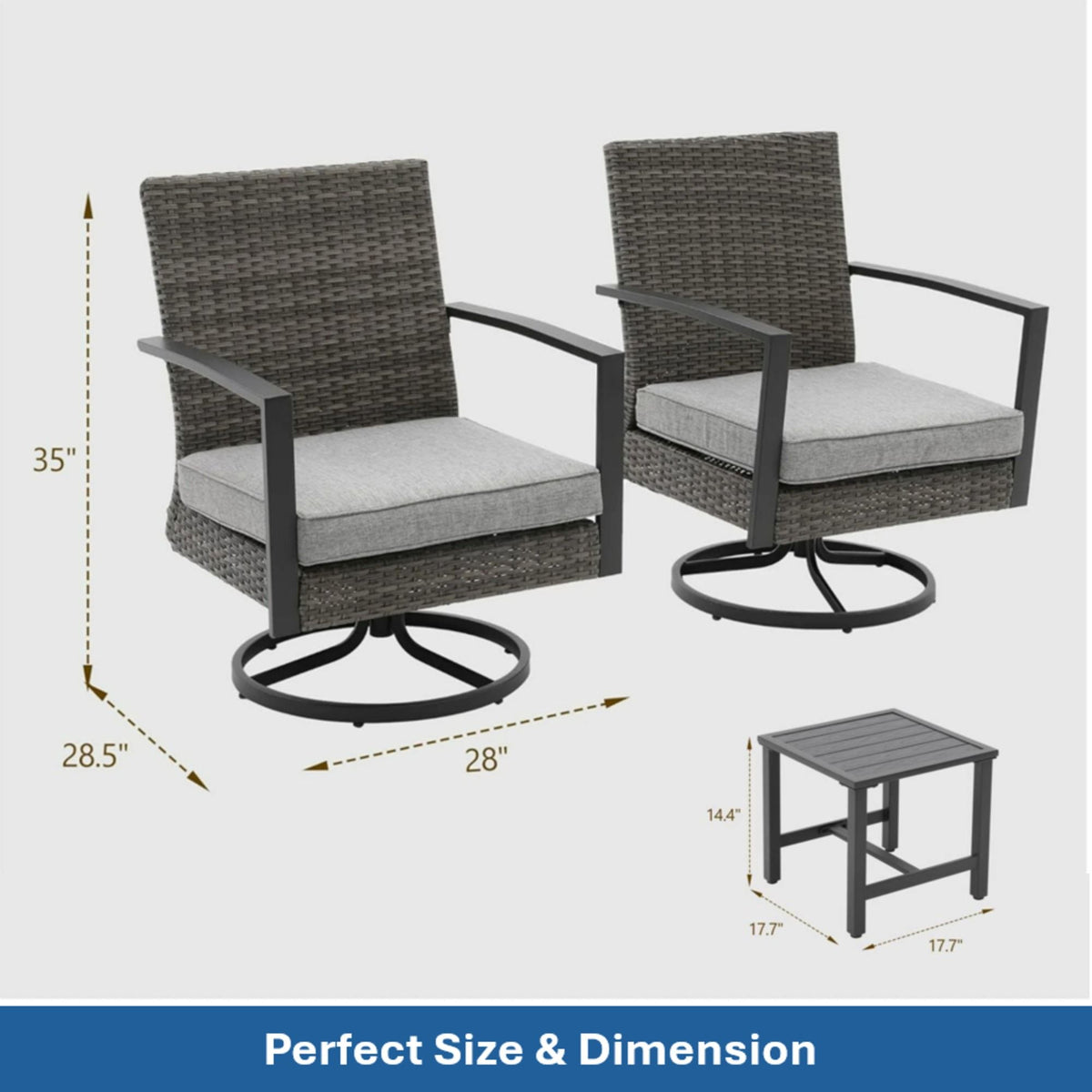 3 Piece Patio Furniture, Swivel Rocker Bistro Set With Side Table & Cushions For Porch - Gray