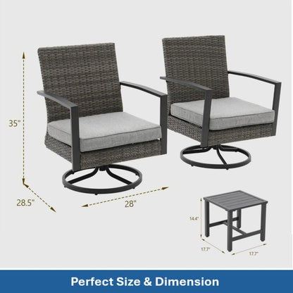 3 Piece Patio Furniture, Swivel Rocker Bistro Set With Side Table & Cushions For Porch - Gray