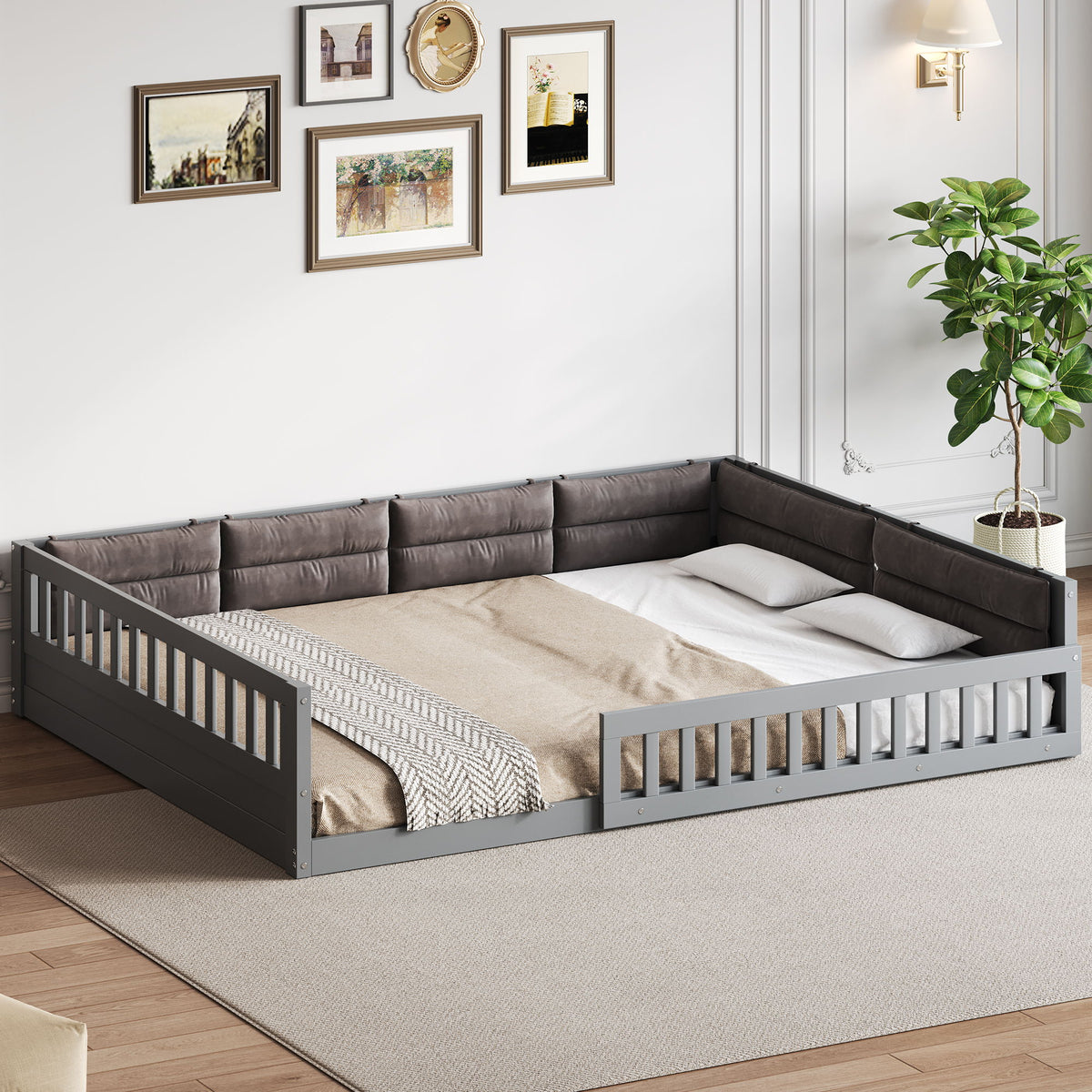 Upholstered Platform Bed With Guardrail And Pillow