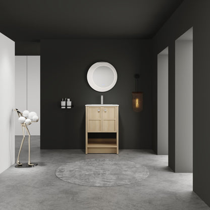 Modern 24" Freestanding Bathroom Vanity With Ceramic Sink And Soft Closing Doors - Oak