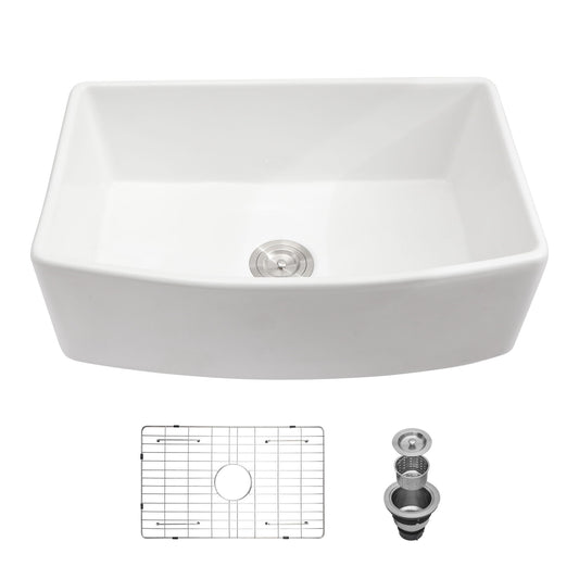 Ceramic Farmhouse Sink, Apron Front Single Bowl With Arch Edge
