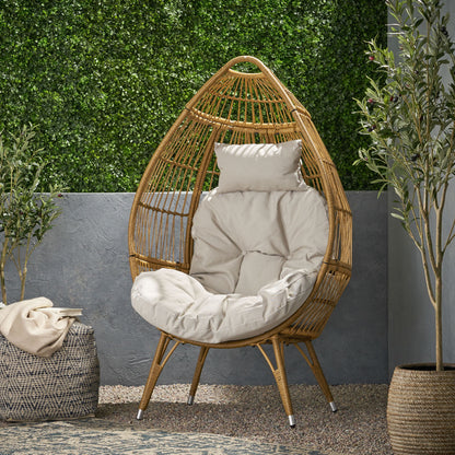 Basket Chair With Teardrop Shape And Water Resistant Cushion - Natural