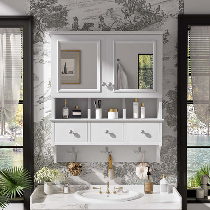 Modern Bathroom Mirror Cabinet With Drawers, Organizer Hooks, And High-Definition Mirrors
