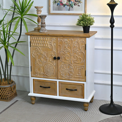 Accent Flower Carved Door Sideboard Cabinet With 2 Drawers For Kitchen - Natural Wood Wash / White
