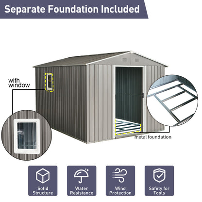 8Ft x 10Ft Outdoor Metal Storage Shed With Metal Floor Base, With Window - Gray