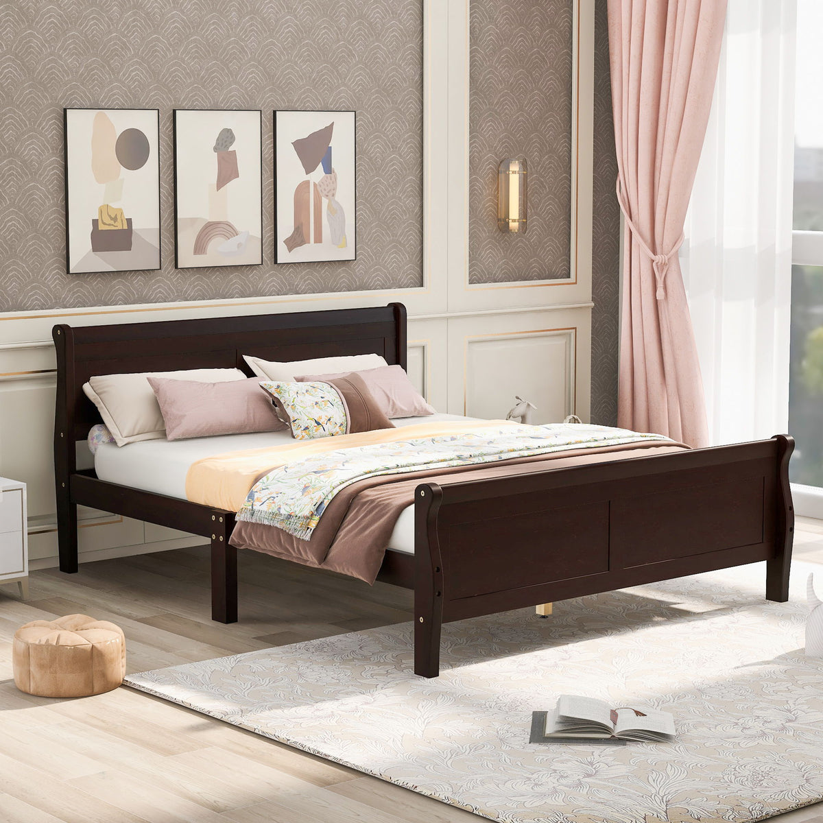 Platform Bed Frame Mattress Foundation Sleigh Bed With Headboard / Footboard / Wood Slat Suppor